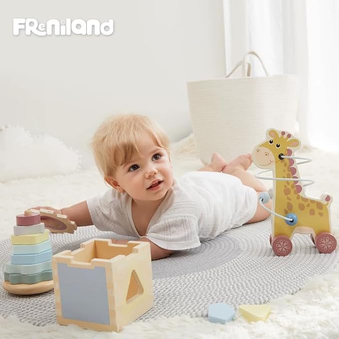 FReniland Montessori Toys for 1 Year Old，3-in-1 Wooden Baby Toys，Wooden Stacking Toy，Toddler Shape Sorting Cube, Giraffe Ring Toy,Newborn Baby Gift Sets for Boys and Girls
