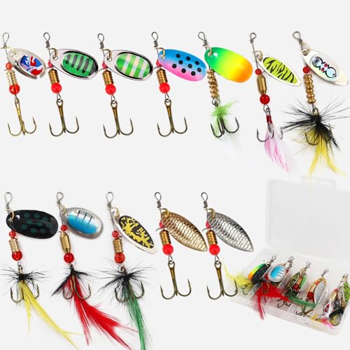 KINGFOREST 12pcs Fishing Lures Spinnerbait for Bass Trout Salmon Walleye Hard Metal Spinner Baits Kit with Tackle Box