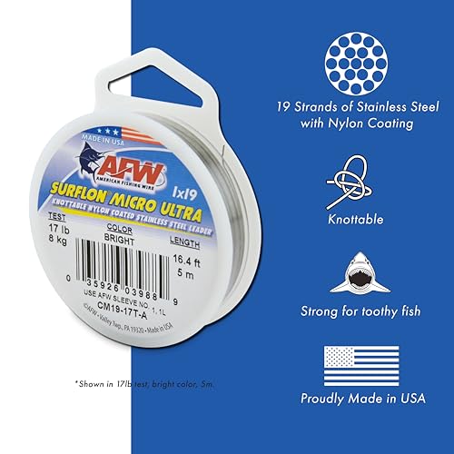American Fishing Wire Surflon Micro Supreme Nylon Coated 7x7 Stainless Steel Leader Wire - Knottable Wire Leaders for Fishing Saltwater, Fly Fishing, 13lb Test - 90lb Test, Bright, Black & Camo Colors - color: Camo, style: 5 Meter, 20 Pound Test