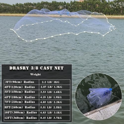 Drasry Saltwater Fishing Cast Net 3/8 and 1/4 Mesh with Heavy Duty Gray Sinker American Monofilament Fish Throw Net for Bait Trap 3FT 4FT 5FT 6FT 7FT 8FT 9FT Radius - size: 6FT Radius, style: 3/8 Mesh 0.6 Lb/Ft