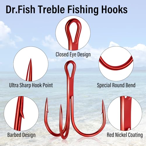 Dr.Fish 50 Pack Treble Fishing Hooks, Red Round Bend Triple Grip Saltwater Freshwater High Carbon Steel Fish Hooks for Catfish Bass Trout Replacement Hard Baits Lures - size: #2-50 Pack