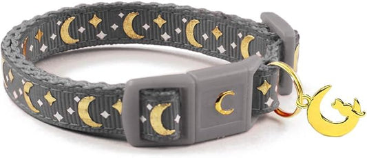 WAAAG Cat Collars, Gold Moons and Stars Cat Collar, Safety Breakaway Cat Collar, Glow in The Dark (Standard 9"-15" Neck, Grey)