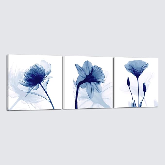 Wieco Art Blue Flowers 3 Panels Canvas Print Wall Art Modern Pictures Artwork