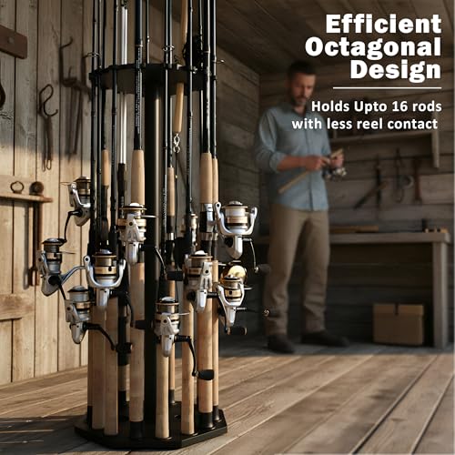 Rush Creek Creations 16-Rod Round Fishing Rod Holder for Garage, 360° Access Fishing Pole Holder for Fishing Rods, Reels, Gear, and Accessories, Securely Holds 16 Rods, Black - color: Black