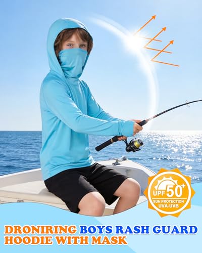 Boys Hooded Fishing Shirt with Mask, Kids UPF 50+ Long Sleeve Rash Guard Hoodie, Sun Protection Beach Swim Shirts - color: Light Blue, size: Large