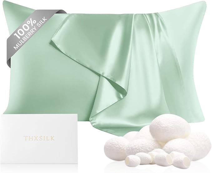 THXSILK Silk Pillowcase for Hair and Skin, 100% Mulberry Silk Bed Pillowcase 22 Momme, Hypoallergenic Soft Breathable Silk Pillow Case with Hidden Zipper, King 20"x36", Turquoise Green