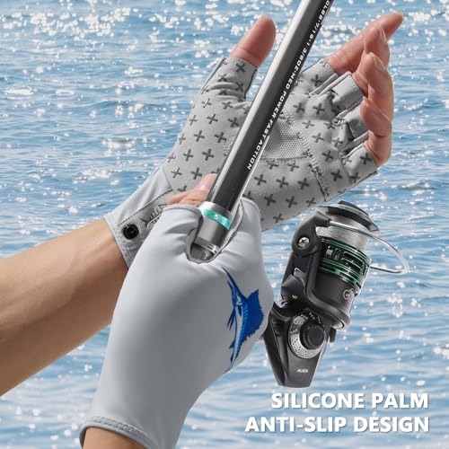 BASSDASH Unisex UPF 50+ Half Finger Sun Gloves Fingerless Breathable UV Protection for Fishing Hiking Kayaking Rowing FG02 - color: Cool Grey/Marlin, size: Medium