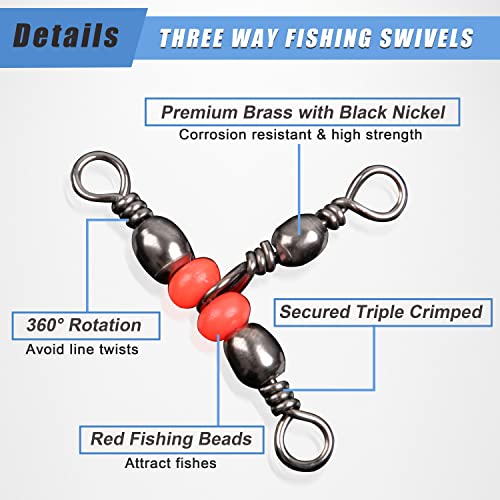 SILANON 3 Way T-Turn Barrel Swivels Fishing Tackle,40pcs Brass Barrel Triple Swivel Cross Line 3 Way Barrel Fishing Connector with Red Fishing Beads for Freshwater Saltwater Test 20-100LB - size: 2*4# 40pcs