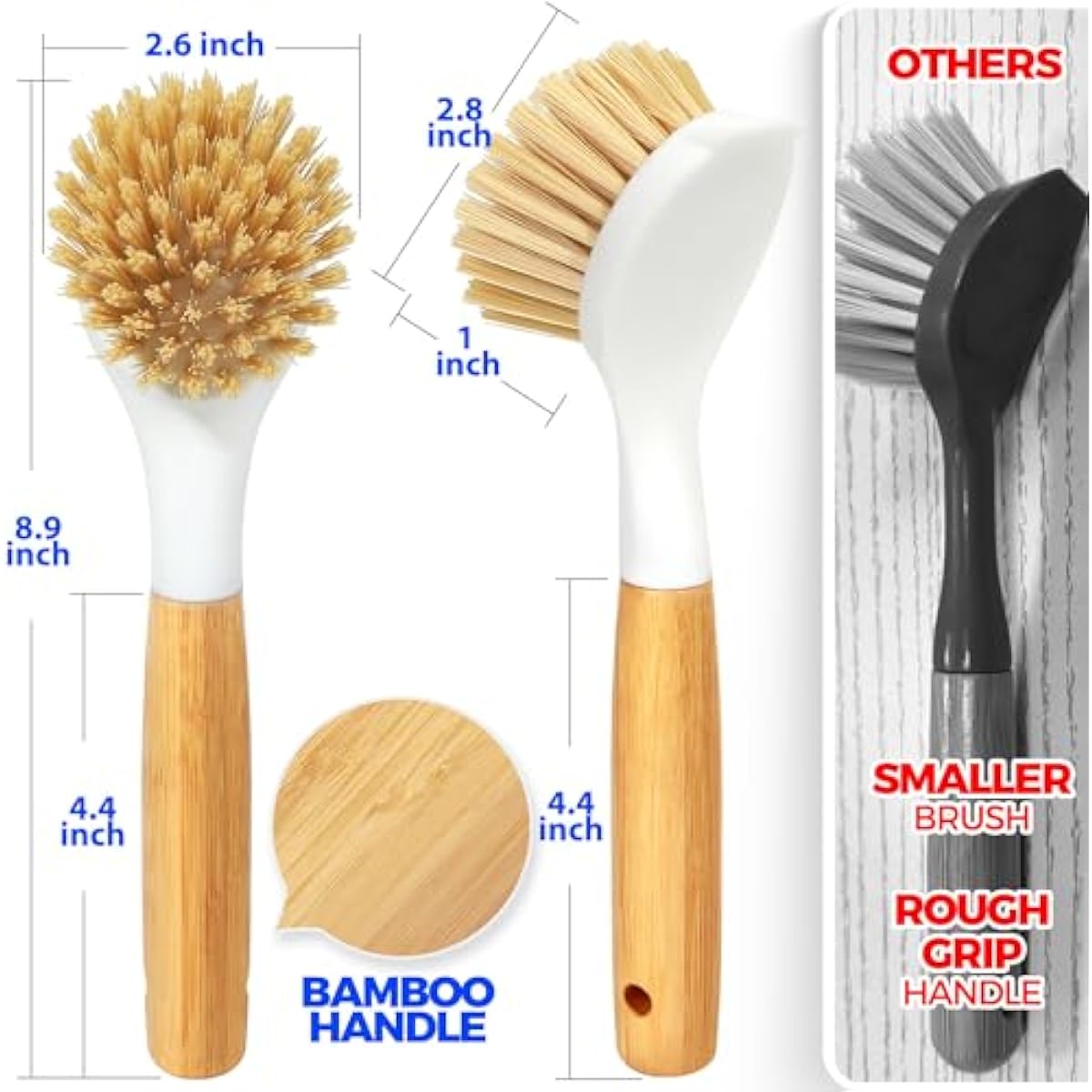Holikme 3 Pack Dish Brush Set with Bamboo Handle, Kitchen Brushes for Cleaning Pot, Sink and Stove, Skillet Scrubber with Tough Bristles for Cast Iron Grill Pan, Yellow White Black