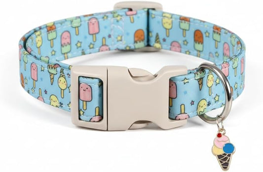 Dog Collars for Extra Small & Small Dogs, XS Dog Collar with Cute Ice Cream Print, Spring Summer Adjustable Puppy Collar with Adorable Charm and Quick Release Buckle, XS