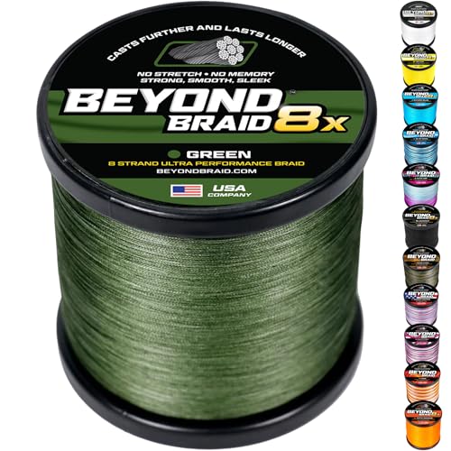 Beyond Braid Braided Fishing Line -Super Strong - Abrasion Resistant - No Stretch -Blue Camo, Moss Camo, White, Green, Pink, Blue, 4 Strand 8 Strand - color: Green 8X - No Fade, size: 15LB (300 Yards)