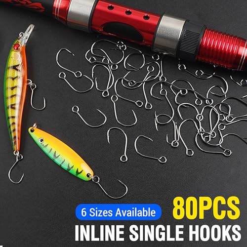 Inline Single Hooks, 80pcs Single Replacement Hooks for Hard Lure Baits Inline Circle Hooks Large Eye Fishing Lure Hooks for Treble Hook Replacement Saltwater Freshwater - size: 4#-80pcs