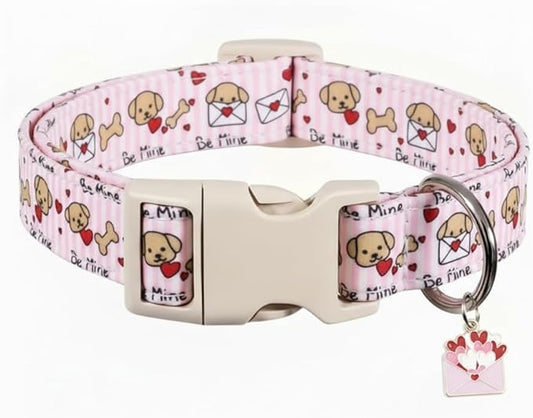 Pink Dog Collar, Girl Dog Collar with Cute Dogs and Hearts, Cute Spring Summer Food Collar with Soft & Breathable Fabric, Adjustable Pet Collar for Medium Dogs