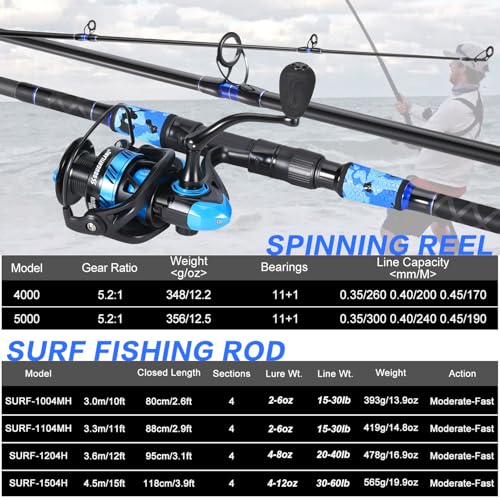 Sougayilang Surf Fishing Rod and Reel Combo, 4 Piece MH/H Saltwater Fishing Combo with 5000 Size Spinning Reel(12'/15') - color: gray, size: 11ft-Spinning-4Pc-Heavy