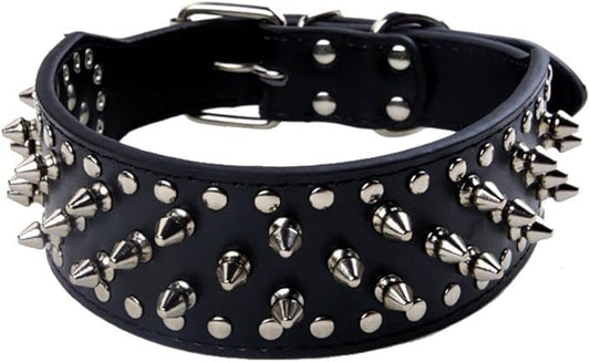 Serijoars Spiked Studded Dog Collar, PU Leather Dog Collar, Adjustable Pet Collars for Medium or Large Breed Pet (L, Black)