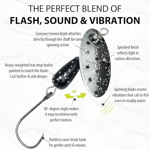 Panther Martin PM Single Hook Barbless Teardrop Spinners Fishing Lure Catches Trout, Perch, Crappie, Bluegill, Warmouth, Pumpkinseed & more - color: Black Silver Speckled, size: 4 (1/8 oz.)