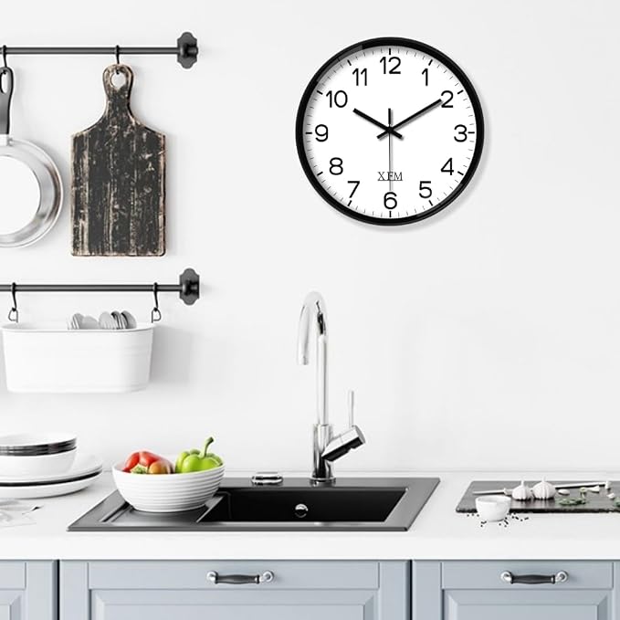XFM Black Wall Clock 10 Inch Modern Small Wall Clocks Battery Operated Silent