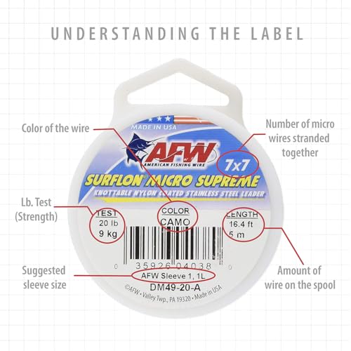 American Fishing Wire Surflon Micro Supreme Nylon Coated 7x7 Stainless Steel Leader Wire - Knottable Wire Leaders for Fishing Saltwater, Fly Fishing, 13lb Test - 90lb Test, Bright, Black & Camo Colors - color: Camo, style: 5 Meter, 20 Pound Test