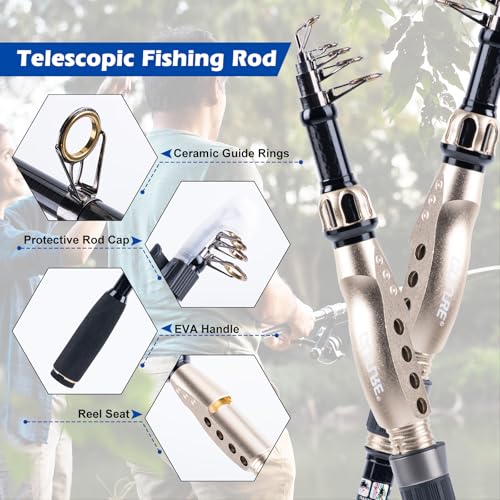 GOTURE Telescopic Fishing Rod and Reel Combos, Carbon Fiber Travel Fishing Pole, 9+1 BB Spinning Reel, Saltwater Freshwater Fishing Gear Kit with Braided Line, Lures, Carrier Bag for Bass Trout - color: 1 Rod & 1 Reel Spinning Fishing Combo - Portable Fis