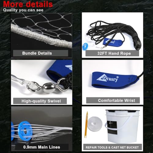 Drasry Saltwater Fishing Cast Net 3/8 and 1/4 Mesh with Heavy Duty Gray Sinker American Monofilament Fish Throw Net for Bait Trap 3FT 4FT 5FT 6FT 7FT 8FT 9FT Radius - size: 6FT Radius, style: 3/8 Mesh 0.6 Lb/Ft