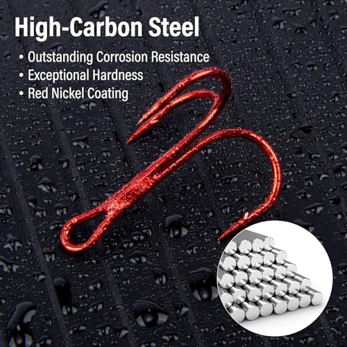 Dr.Fish 50 Pack Treble Fishing Hooks, Red Round Bend Triple Grip Saltwater Freshwater High Carbon Steel Fish Hooks for Catfish Bass Trout Replacement Hard Baits Lures - size: #2-50 Pack