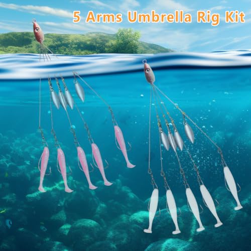 Dnyta 5 Arms Umbrella Rig Kit Umbrella‑Style Alabama Rig Kit, Stylish | Multi‑Arm Fishing Bait Rigs Crank Hook and Soft Bait for Trout Perch Walleye Freshwater/Saltwater Boat Trolling - color: Stylish