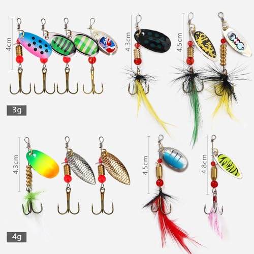 KINGFOREST 12pcs Fishing Lures Spinnerbait for Bass Trout Salmon Walleye Hard Metal Spinner Baits Kit with Tackle Box