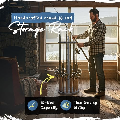 Rush Creek Creations 16-Rod Round Fishing Rod Holder for Garage, 360° Access Fishing Pole Holder for Fishing Rods, Reels, and Gear, Securely Holds 16 Rods, Barnwood - color: Barn Wood