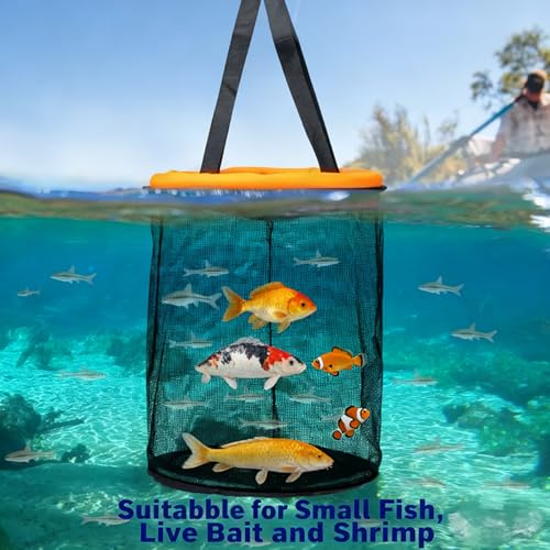 Foldable Floating Fish Basket – Portable Collapsible Fishing Net for Live Fish, Bait & Minnow Storage | Kayak Live Well Cage - size: S-Net Bottom Size:10.43inch