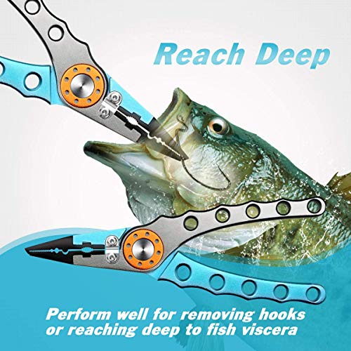 SANLIKE Aluminum Fishing Pliers Hook Remover Tungsten Carbide Braid Cutters | Tungsten Carbide Cutters Saltwater Resistant with Coiled Lanyard & Sheath - color: Light Blue