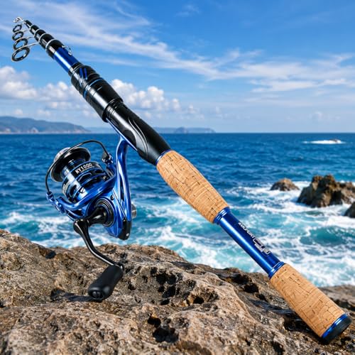 Telescopic Fishing Rod and Reel Combo | 30T Carbon Fiber Spinning Rod with 12+1BB Reel | Portable Lightweight Pole | Bass Trout Panfish | Freshwater Saltwater - color: Bule Rod and Reel