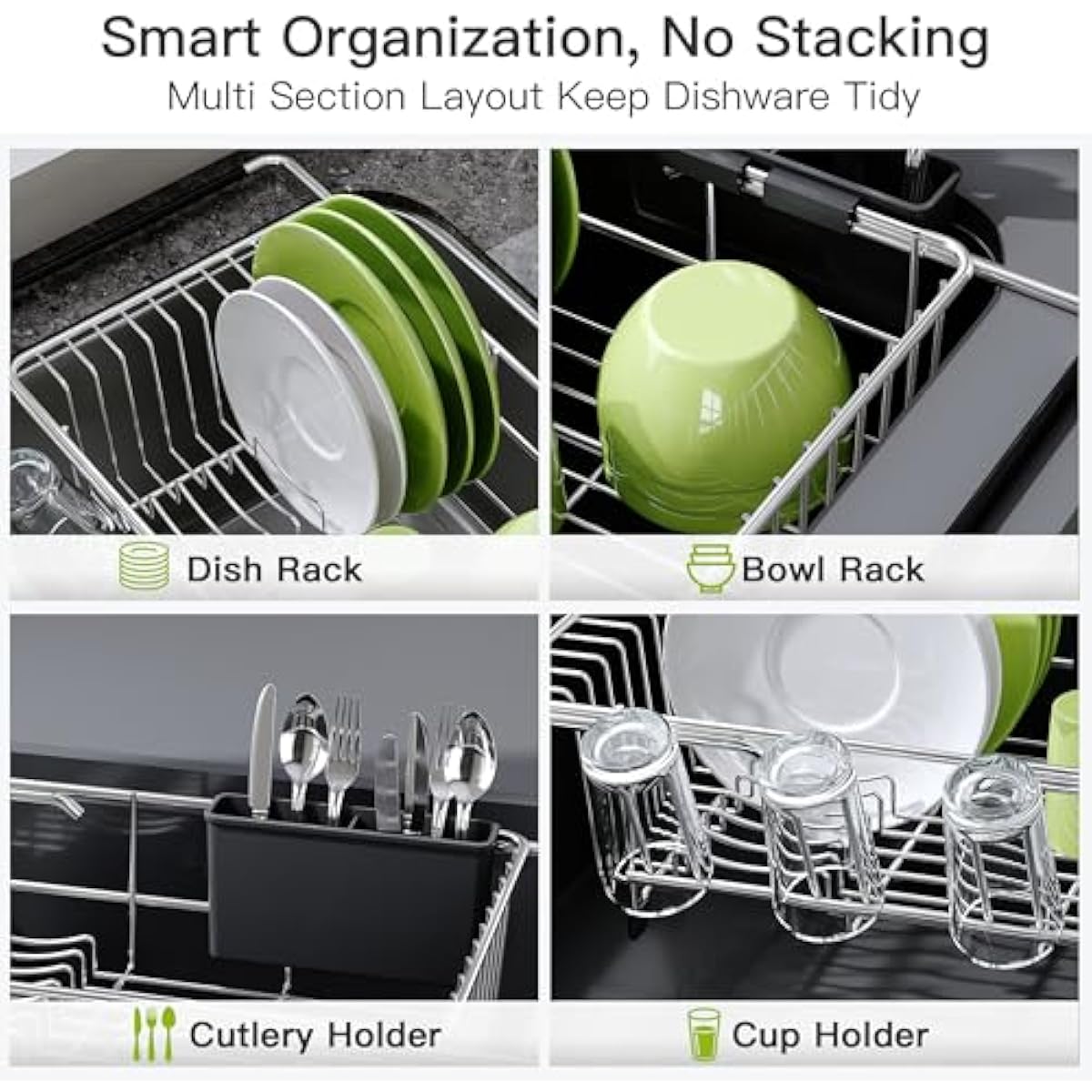 JASIWAY Dish Drying Rack in Sink, Expandable Stainless Steel Dish Drainers for Kitchen Counter, Dish Dryer Rack for Inside Sink, Over The Sink Dish Racks with Utensil Holder, Silver