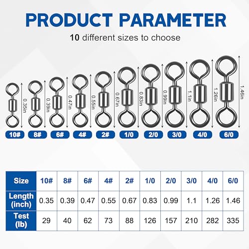 Rolling Barrel Fishing Swivel,120pcs Stainless Steel Black Nickel Fishing Line Connector Swivels Fishing Tackle for Saltwater 30LB to 335LB - size: 120pcs 10#-29lb