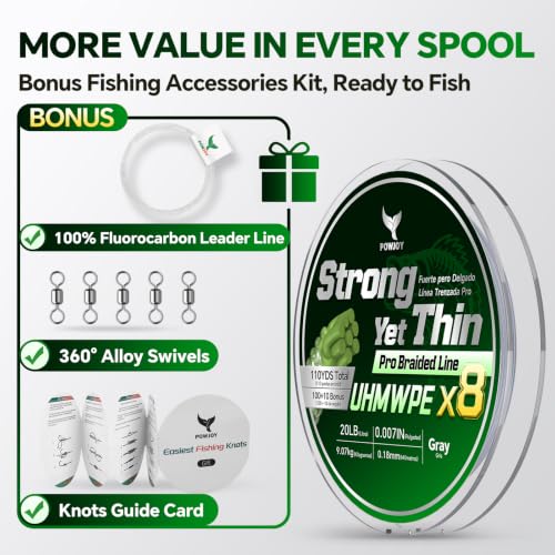 Ultra-Thin 20LB 8-Strand Braided Fishing Line 0.18mm with Knots Guide Card, Stronger than 4-Strand PE Line, Smooth as Silk & Longer Casting, Ideal for Bass Trout Fishing in Freshwater/Saltwater - color: Gray, size: 20LB 110YDS