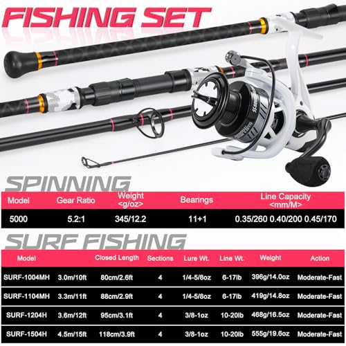 Sougayilang Surf Fishing Rod and Reel Combo, 4 Piece MH/H Saltwater Fishing Combo with 5000 Size Spinning Reel(12'/15') - color: gray, size: 15ft-Spinning-4Pc-Heavy