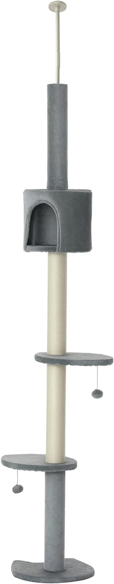 PawHut 85.5" Cat Tree Height Adjustable Floor-to-Ceiling 4-Tier Kitty Climbing Activity Center Condo Cat Toy with Scratching Post Hanging Balls Play Rest Post Pet Furniture Grey