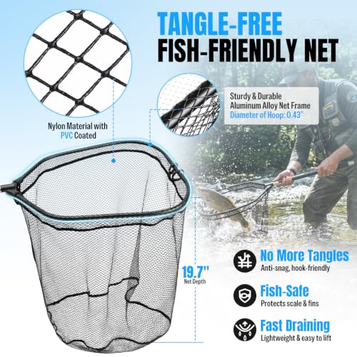 PLUSINNO Large Fishing Net, 3.4-7.7 FT Carbon Fiber Fish Net with Long Telescoping Handle, Kayak Fishing Gear Accessories Foldable Landing Net for Bass, Trout, Catfish, Fishing Gifts for Men Father - size: 4.9 FT (59.1") Full Length
