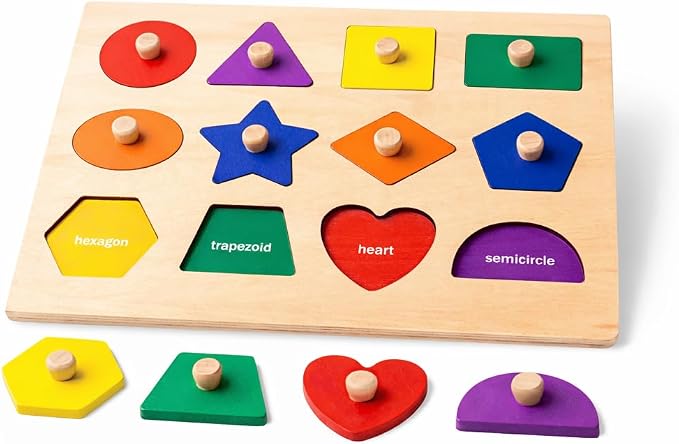 Wooden Shape Peg Puzzle Board, Educational Geometric Learning Board with Knobs, Multicolor Basic Shapes