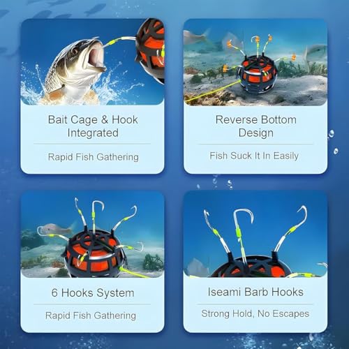 Reverse Bottom Bait Cage Fishing Hook, 360° Floating Bait Cage Fishing Hook, 6-Hooks Carp Feeder Rig, Spring Baits Cages Trap Fishings Hooks, Freshwater Saltwater for Carp, Catfish, Tilapia(1PC,No. 10 - color: 1pc, size: No. 10