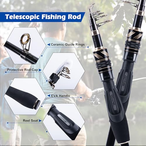GOTURE Telescopic Fishing Rod and Reel Combos, Carbon Fiber Travel Fishing Pole, 9+1 BB Spinning Reel, Saltwater Freshwater Fishing Gear Kit with Braided Line, Lures, Carrier Bag for Bass Trout - color: 1 Rod & 1 Reel Spinning Fishing Combo - PC Fishing T
