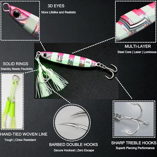 Saltwater Fishing Lures Metal Jigs Vertical Jigging Lure with Treble & Double Assist Hooks, 35-100g 6 pack Laser Glow Spoon Speed Sinking Slow Pitching Jig Offshore Targeting Tuna Mahi-Mahi Yellowtail - size: 60g/2.12oz