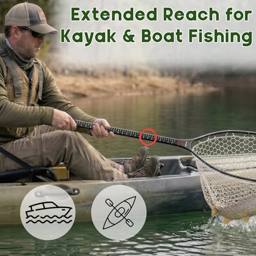 Riverruns Fly Fishing Landing Net Carbon Fiber Trout Net with Measurement Handle, Soft Rubber Mesh - 26" Standard (Wading) / 37" Long (Kayak) - color: 37" Kayak Net (Long) - Black 3K Woven