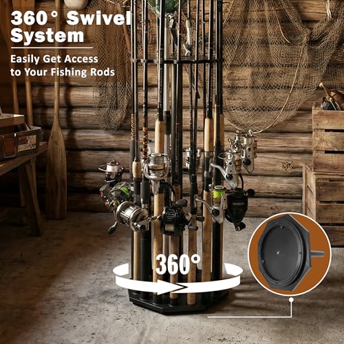 Rush Creek Creations 16-Rod Round Fishing Rod Holder for Garage, 360° Access Fishing Pole Holder for Fishing Rods, Reels, Gear, and Accessories, Securely Holds 16 Rods, Black - color: Black