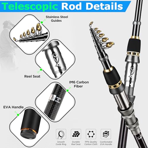 PLUSINNO Fishing Rod, Telescopic Fishing Rod and Reel Combo, Collapsible Travel Fishing Pole Rod Starter Kit, Carbon Fiber Fishing Rods and 12 +1 Bearings Stainless Steel, Fishing Gifts for Men Adults - color: Rod Combo & 137 Tackle Kit, size: 1.8m 5.91ft