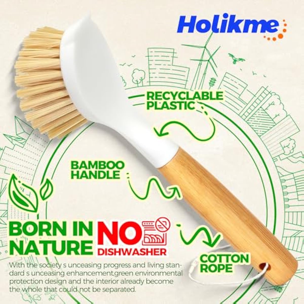 Holikme 3 Pack Dish Brush Set with Bamboo Handle, Kitchen Brushes for Cleaning Pot, Sink and Stove, Skillet Scrubber with Tough Bristles for Cast Iron Grill Pan, Yellow White Black