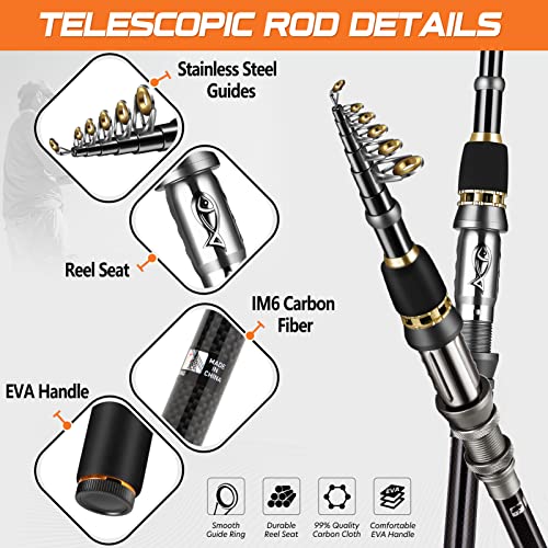 PLUSINNO Fishing Rod, Telescopic Fishing Rod and Reel Combo, Collapsible Travel Fishing Pole Rod Starter Kit, Carbon Fiber Fishing Rods and 12 +1 Bearings Stainless Steel, Fishing Gifts for Men Adults - color: 2PACK Full Kit with Carrier Case, size: 2.4m