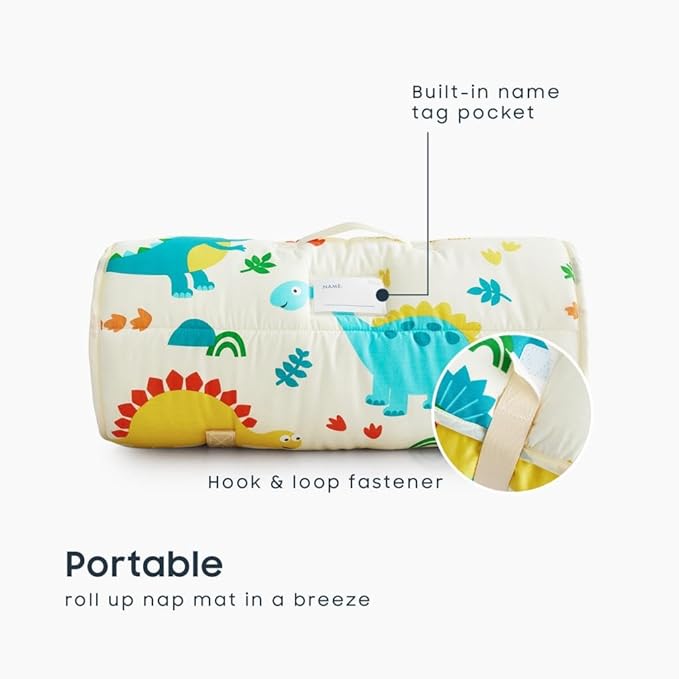 Wake In Cloud - Toddler Nap Mat with Pillow and Blanket, 100% Cotton Fabric, for Kids Boys Girls in Daycare Kindergarten Preschool, Roll Up Sleeping Bag, Dinosaur Cream, Standard