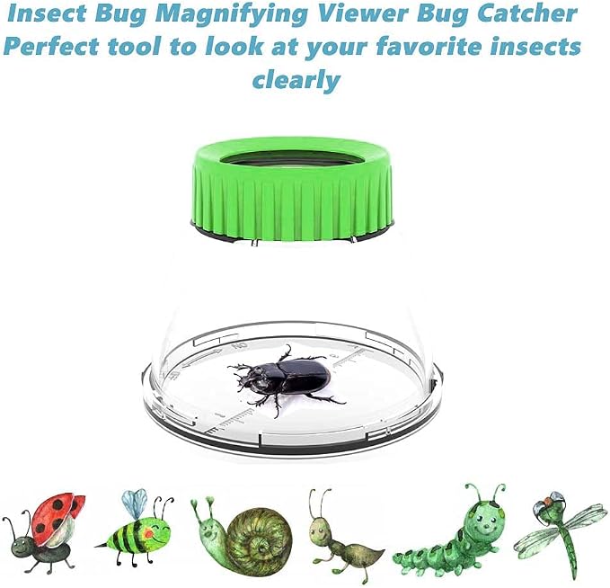 Bug Viewer for Kids 5X Magnifying Insect Observation Kit Built-in 7cm Ruler with 2 Slant Tweezers Bug Viewer Catcher Cage for Kids Science Nature Exploration (2 Pack Green), LX-4LS