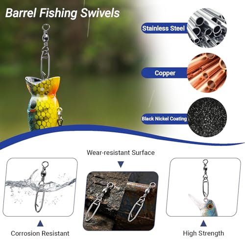 QISHUO High Strength Fishing Swivels Stainless Clips Steel Snap Swivels Barrel Connector Saltwater Swivel Fishing Rolling Black Nickel - size: Size 6+M (55lb) 50 pcs