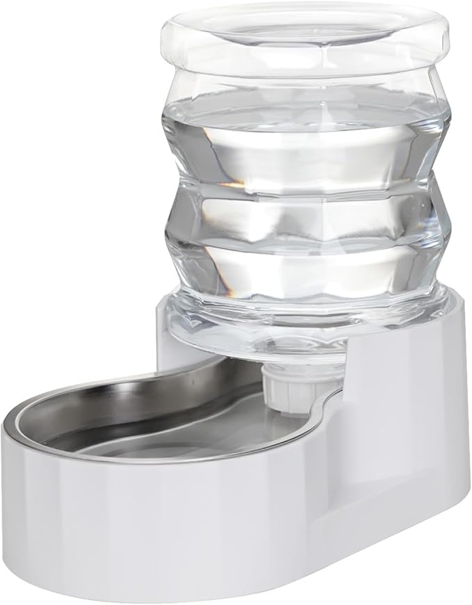 RIZZARI Gravity Water Bowl Dispenser for Cats: 4L White Automatic Stainless Steel Dog Feeder Without Filter - for 8-20LB Elderly Pets with Joint Spine Pain - for Kitchen Bedroom